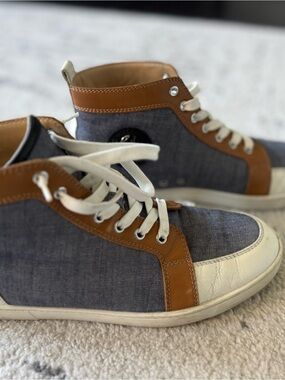 Christian Louboutin Blue Canvas and Brown Leather High-Top Sneakers